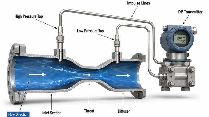 Cutaway diagram showing how a Venturi meter uses pressure taps and impulse lines to measure differential pressure Cutaway diagram showing how a Venturi meter uses pressure taps and impulse lines to measure differential pressure