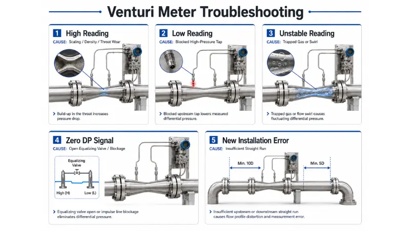 Venturi meter troubleshooting chart showing common symptoms such as high reading, low reading, unstable signal, and zero DP signal Venturi meter troubleshooting chart showing common symptoms such as high reading, low reading, unstable signal, and zero DP signal