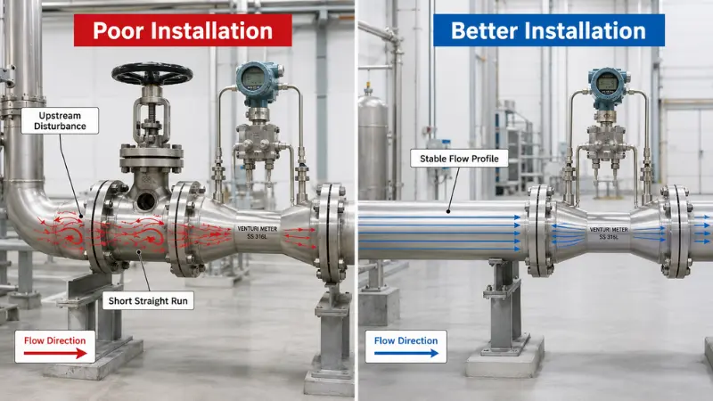 Correct and incorrect Venturi meter installation showing upstream disturbance and straight pipe run requirements Correct and incorrect Venturi meter installation showing upstream disturbance and straight pipe run requirements