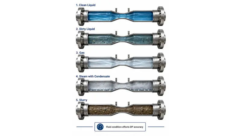 Venturi meter fluid condition comparison showing clean liquid, dirty liquid, gas, steam condensate, and slurry flow Venturi meter fluid condition comparison showing clean liquid, dirty liquid, gas, steam condensate, and slurry flow