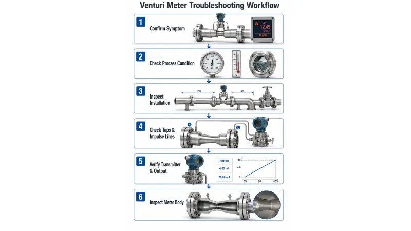 Step-by-step Venturi meter troubleshooting workflow for checking process conditions, installation, impulse lines, transmitter, and meter body Step-by-step Venturi meter troubleshooting workflow for checking process conditions, installation, impulse lines, transmitter, and meter body