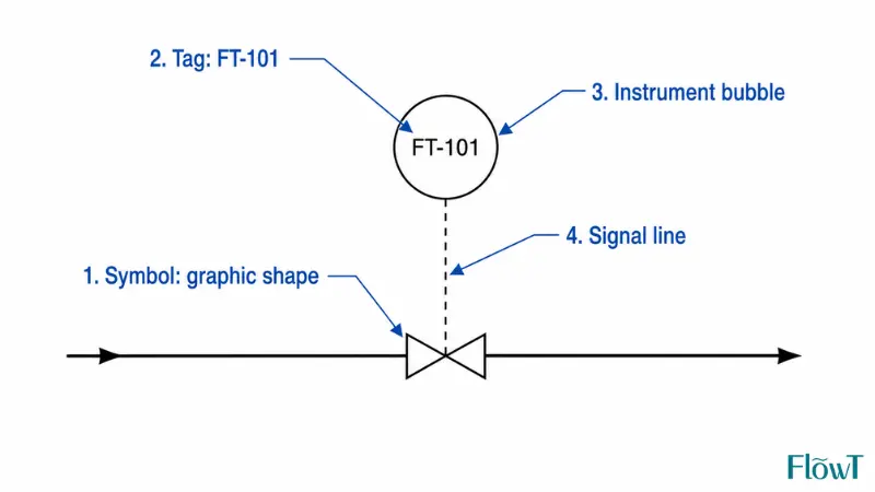 Diagram explaining the difference between a flow meter symbol, instrument tag, bubble, and signal line on a P&ID Diagram explaining the difference between a flow meter symbol, instrument tag, bubble, and signal line on a P&ID