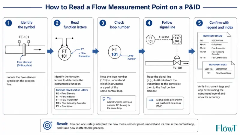 Step-by-step workflow for interpreting a flow measurement point on a P&ID Step-by-step workflow for interpreting a flow measurement point on a P&ID